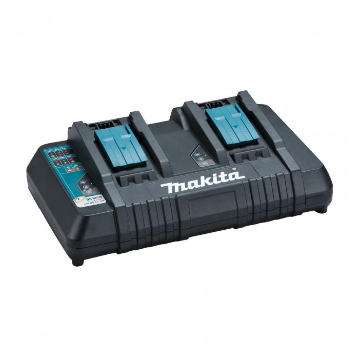 Chargeur Makita DC18RD double port avec voyants LED sur fond blanc, vue de dessus
